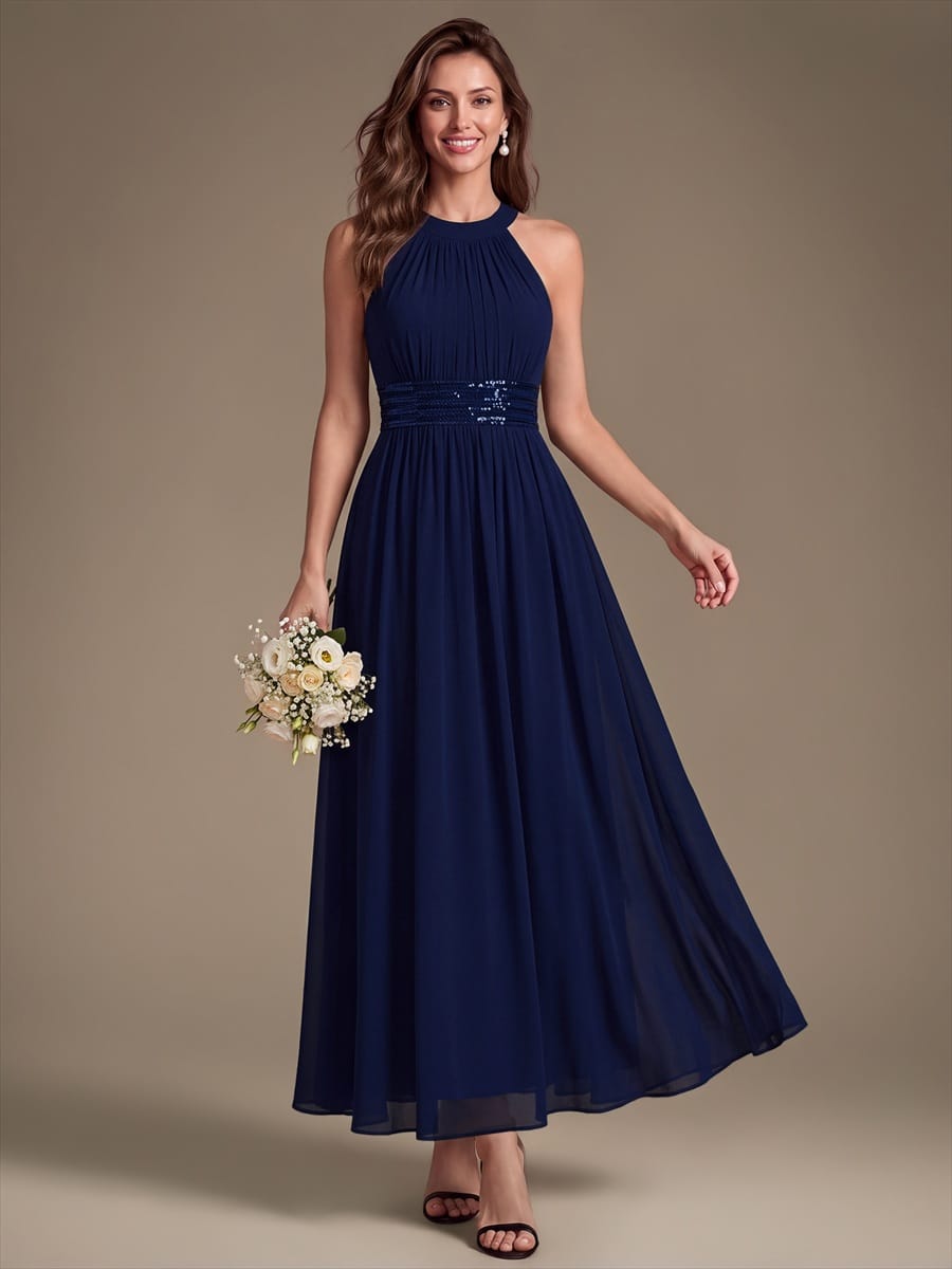 Chiffon Sleeveless A-line Dress #color_Navy Blue