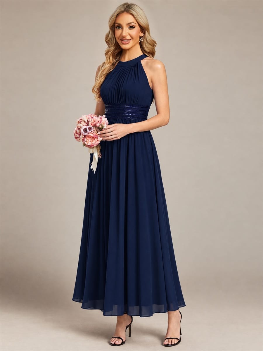 Chiffon Sleeveless A-line Dress #color_Navy Blue