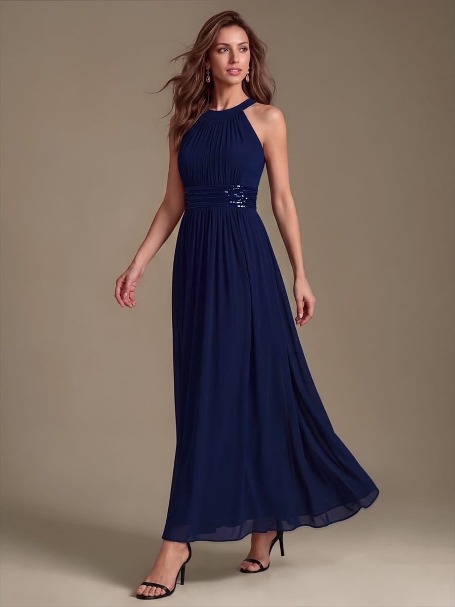 Chiffon Sleeveless A-line Dress #color_Navy Blue