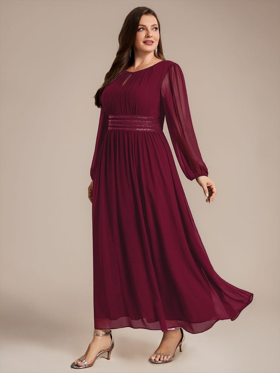 Chiffon Maxi Length Round neckline A-line Puff sleeves bridesmaid dress #color_Burgundy