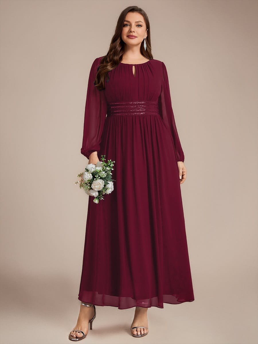 Chiffon Maxi Length Round neckline A-line Puff sleeves bridesmaid dress #color_Burgundy