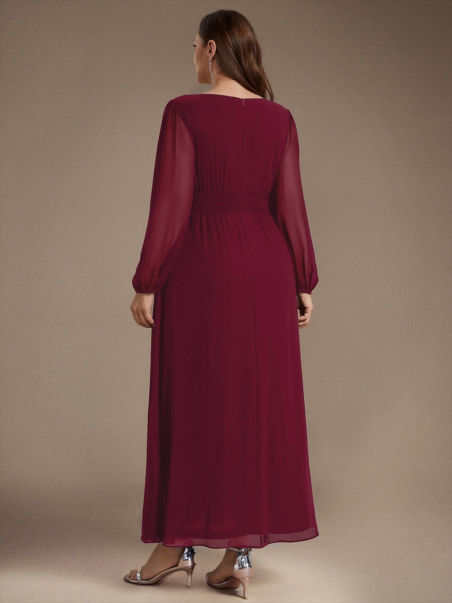 Chiffon Maxi Length Round neckline A-line Puff sleeves bridesmaid dress #color_Burgundy