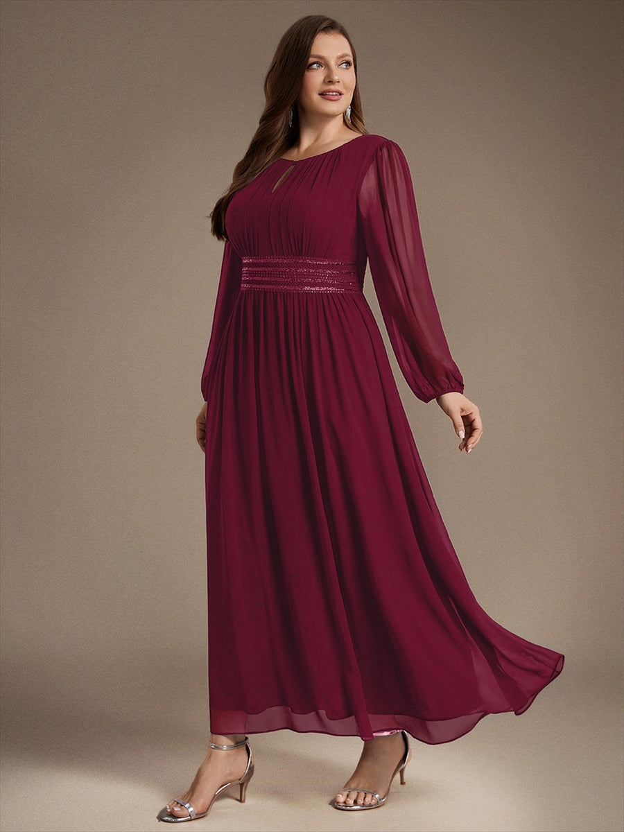 Chiffon Maxi Length Round neckline A-line Puff sleeves bridesmaid dress #color_Burgundy