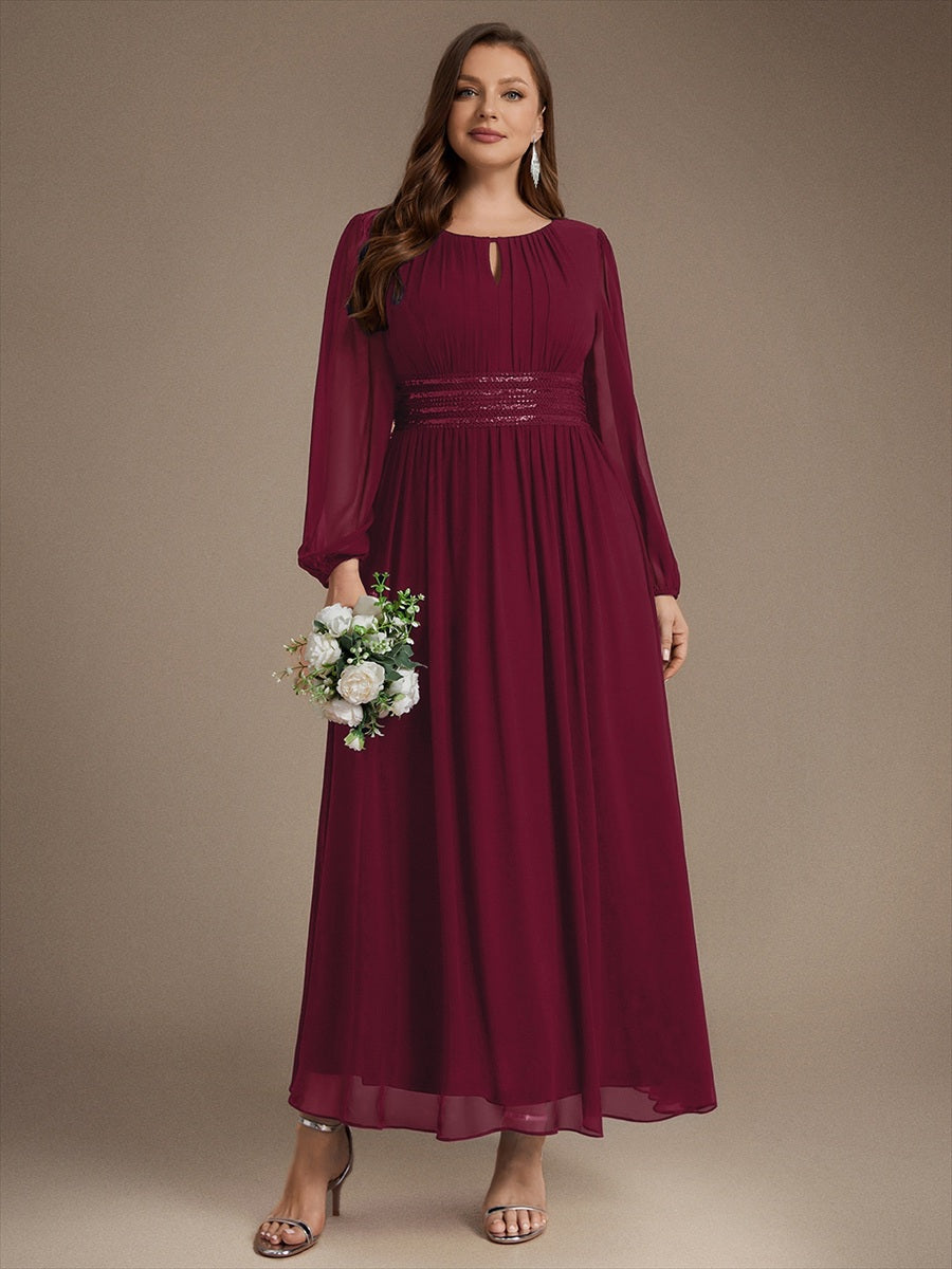 Chiffon Maxi Length Round neckline A-line Puff sleeves bridesmaid dress #color_Burgundy