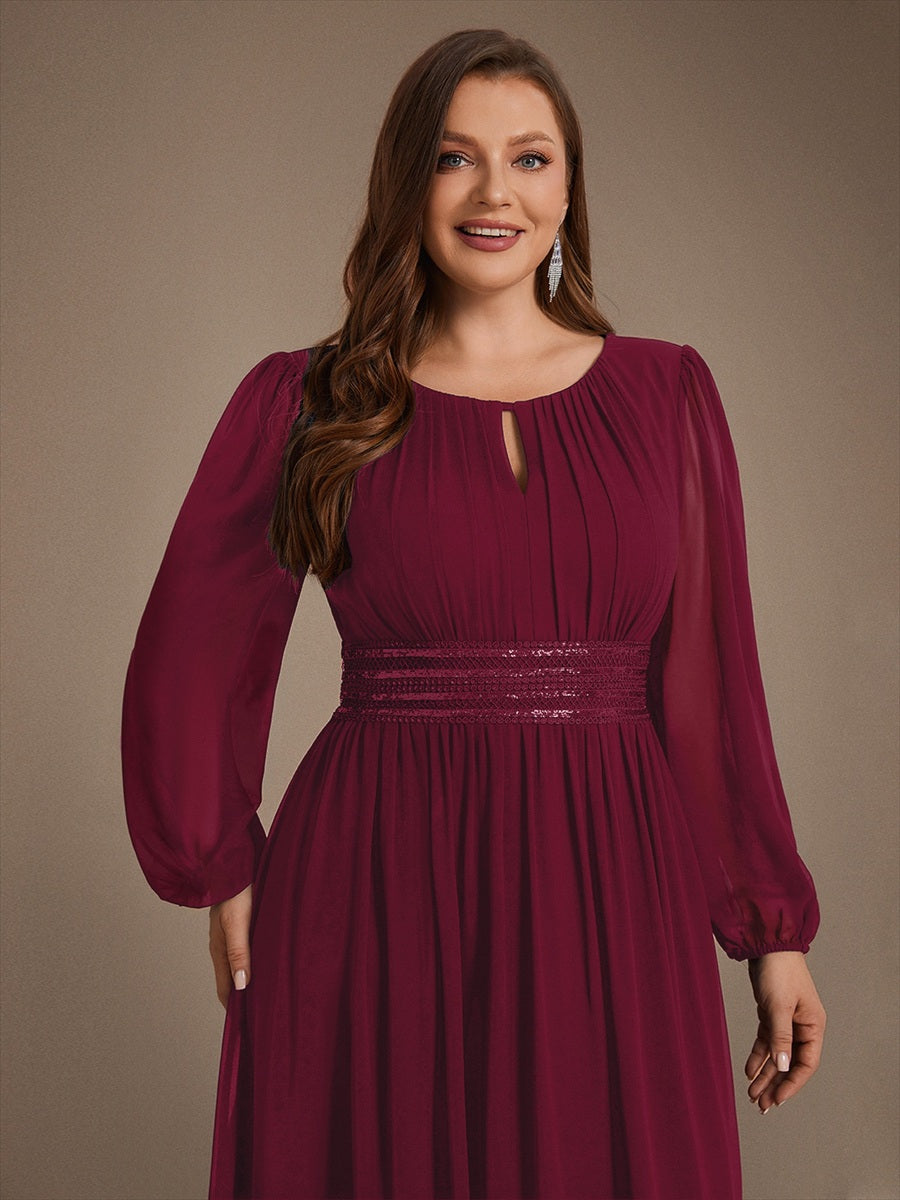Chiffon Maxi Length Round neckline A-line Puff sleeves bridesmaid dress #color_Burgundy