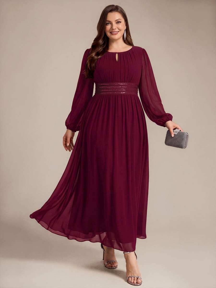 Chiffon Maxi Length Round neckline A-line Puff sleeves bridesmaid dress #color_Burgundy