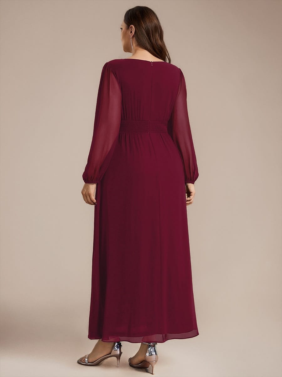 Chiffon Maxi Length Round neckline A-line Puff sleeves bridesmaid dress #color_Burgundy