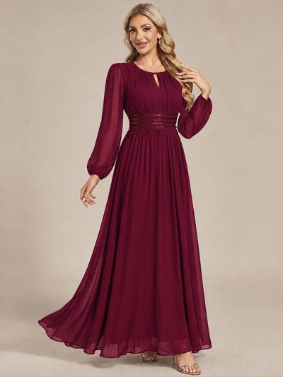 Sequin Waist Chiffon Puff Sleeve Bridesmaid Dress