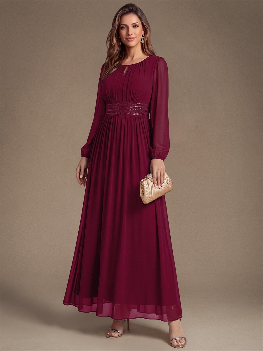 Chiffon Maxi Length Round neckline A-line Puff sleeves bridesmaid dress #color_Burgundy