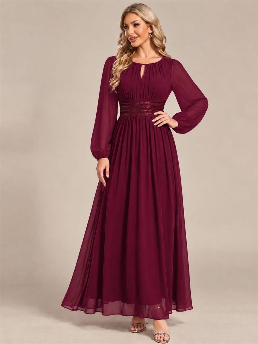 Chiffon Maxi Length Round neckline A-line Puff sleeves bridesmaid dress #color_Burgundy