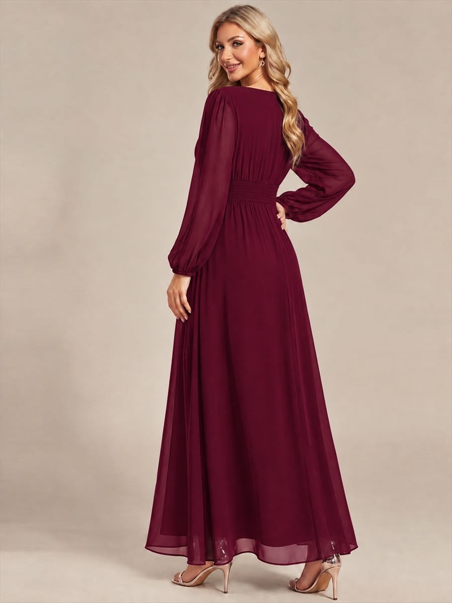 Chiffon Maxi Length Round neckline A-line Puff sleeves bridesmaid dress #color_Burgundy