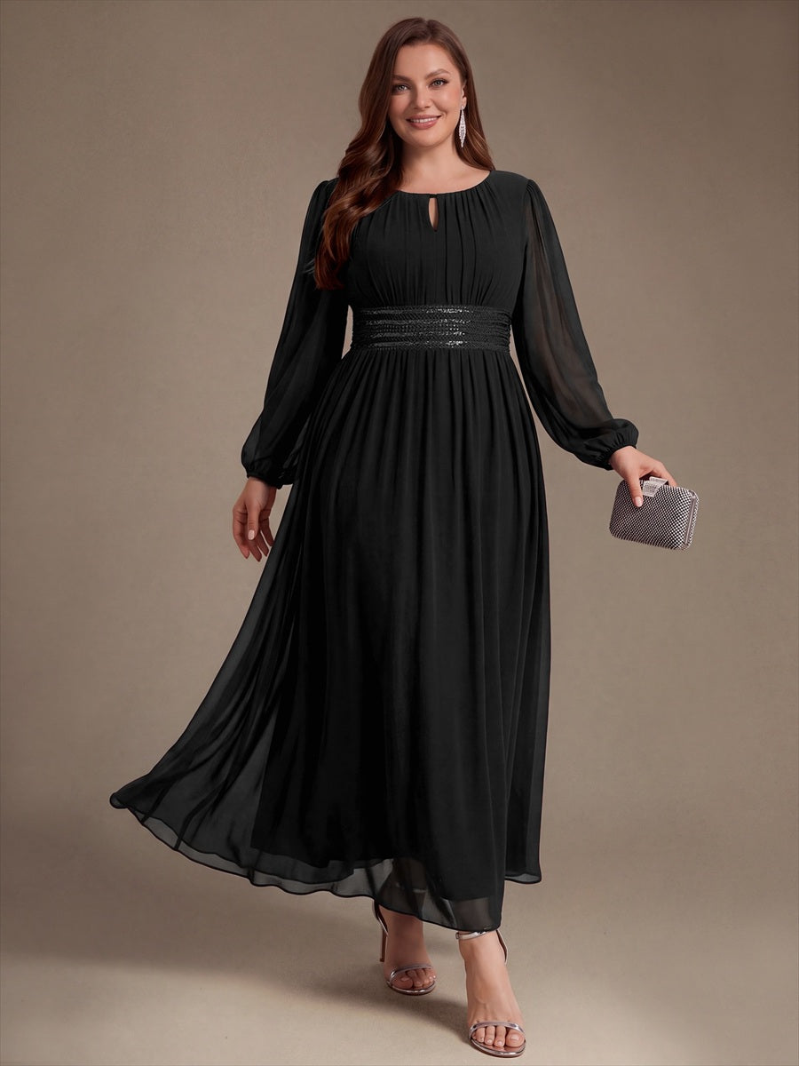 Chiffon Maxi Length Round neckline A-line Puff sleeves bridesmaid dress #color_Black
