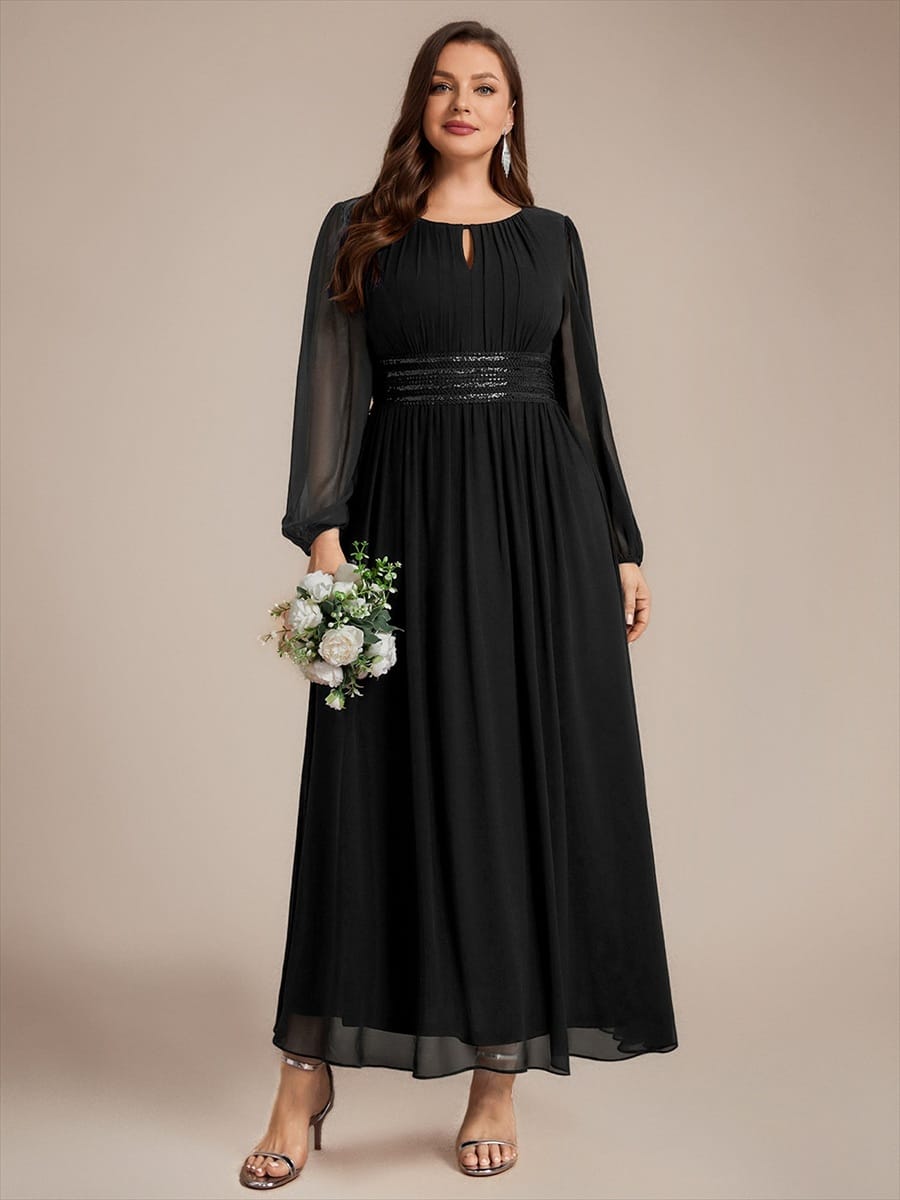 Chiffon Maxi Length Round neckline A-line Puff sleeves bridesmaid dress #color_Black