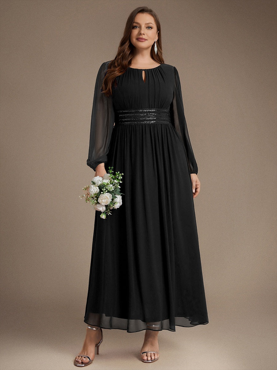 Chiffon Maxi Length Round neckline A-line Puff sleeves bridesmaid dress #color_Black