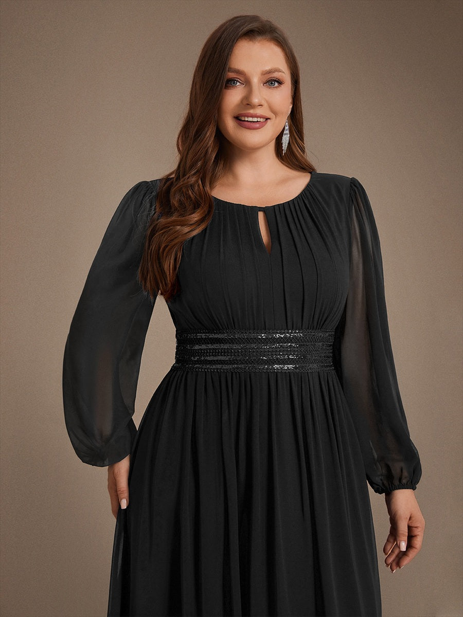 Chiffon Maxi Length Round neckline A-line Puff sleeves bridesmaid dress #color_Black