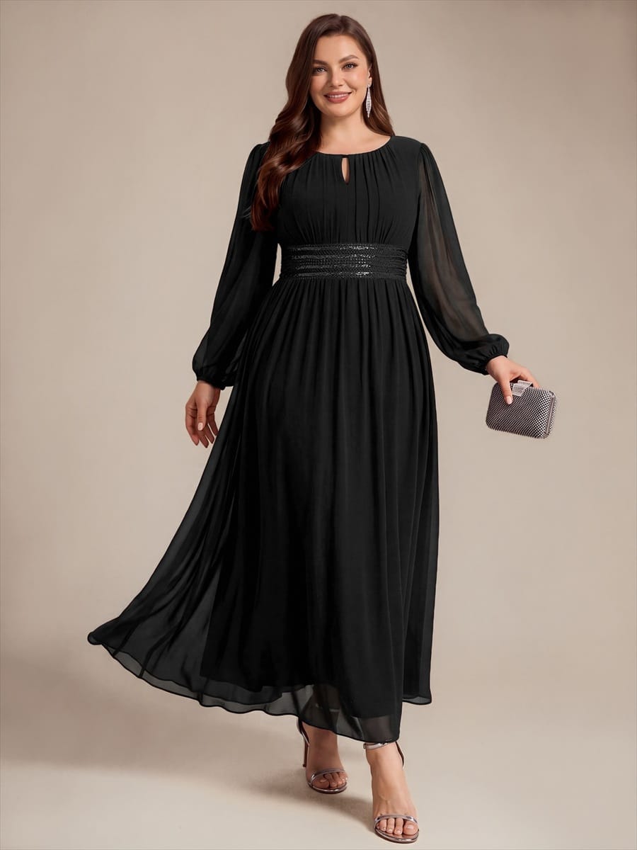 Chiffon Maxi Length Round neckline A-line Puff sleeves bridesmaid dress #color_Black