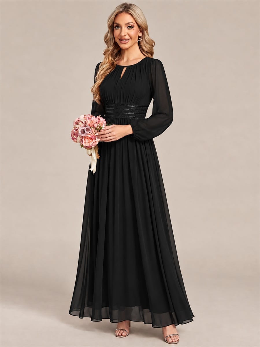 Chiffon Maxi Length Round neckline A-line Puff sleeves bridesmaid dress #color_Black