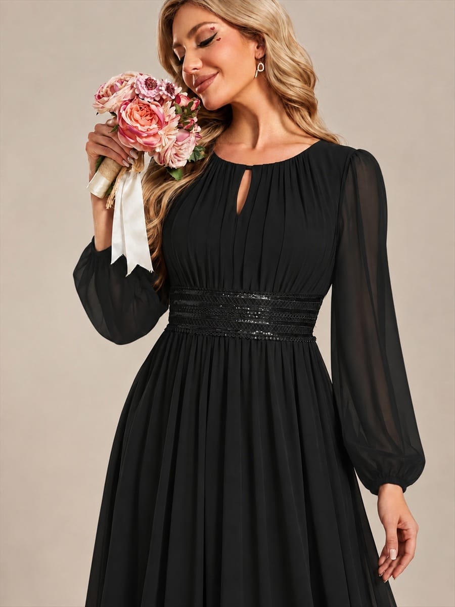 Chiffon Maxi Length Round neckline A-line Puff sleeves bridesmaid dress #color_Black