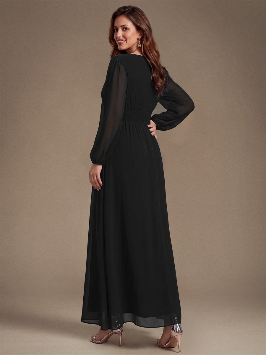 Chiffon Maxi Length Round neckline A-line Puff sleeves bridesmaid dress #color_Black