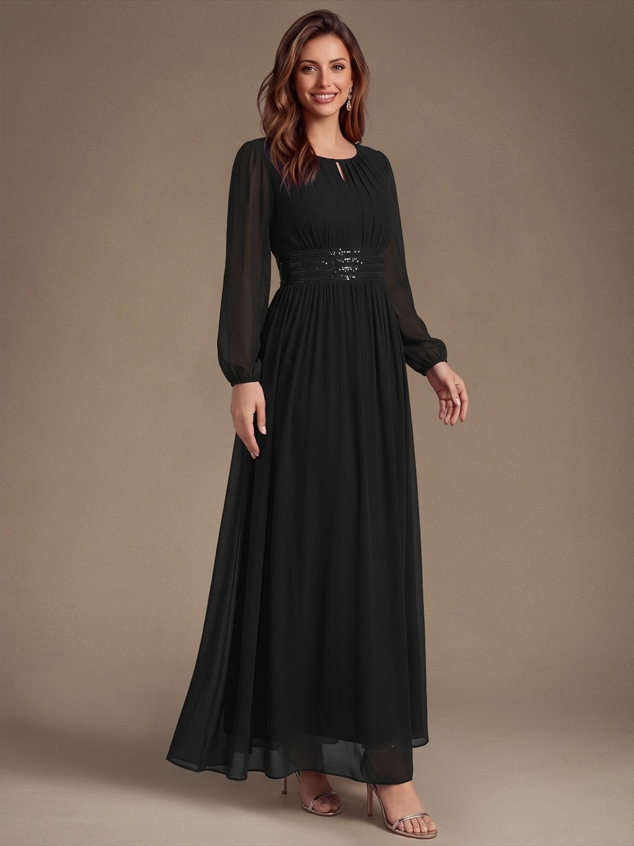 Chiffon Maxi Length Round neckline A-line Puff sleeves bridesmaid dress #color_Black