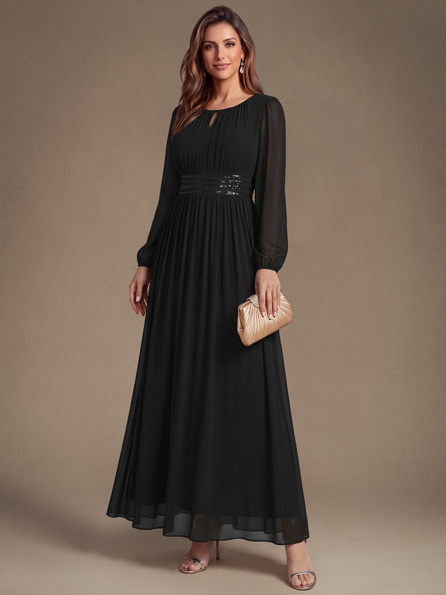 Chiffon Maxi Length Round neckline A-line Puff sleeves bridesmaid dress #color_Black