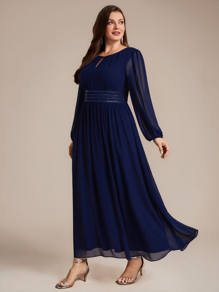 Chiffon Maxi Length Round neckline A-line Puff sleeves bridesmaid dress #color_Navy Blue
