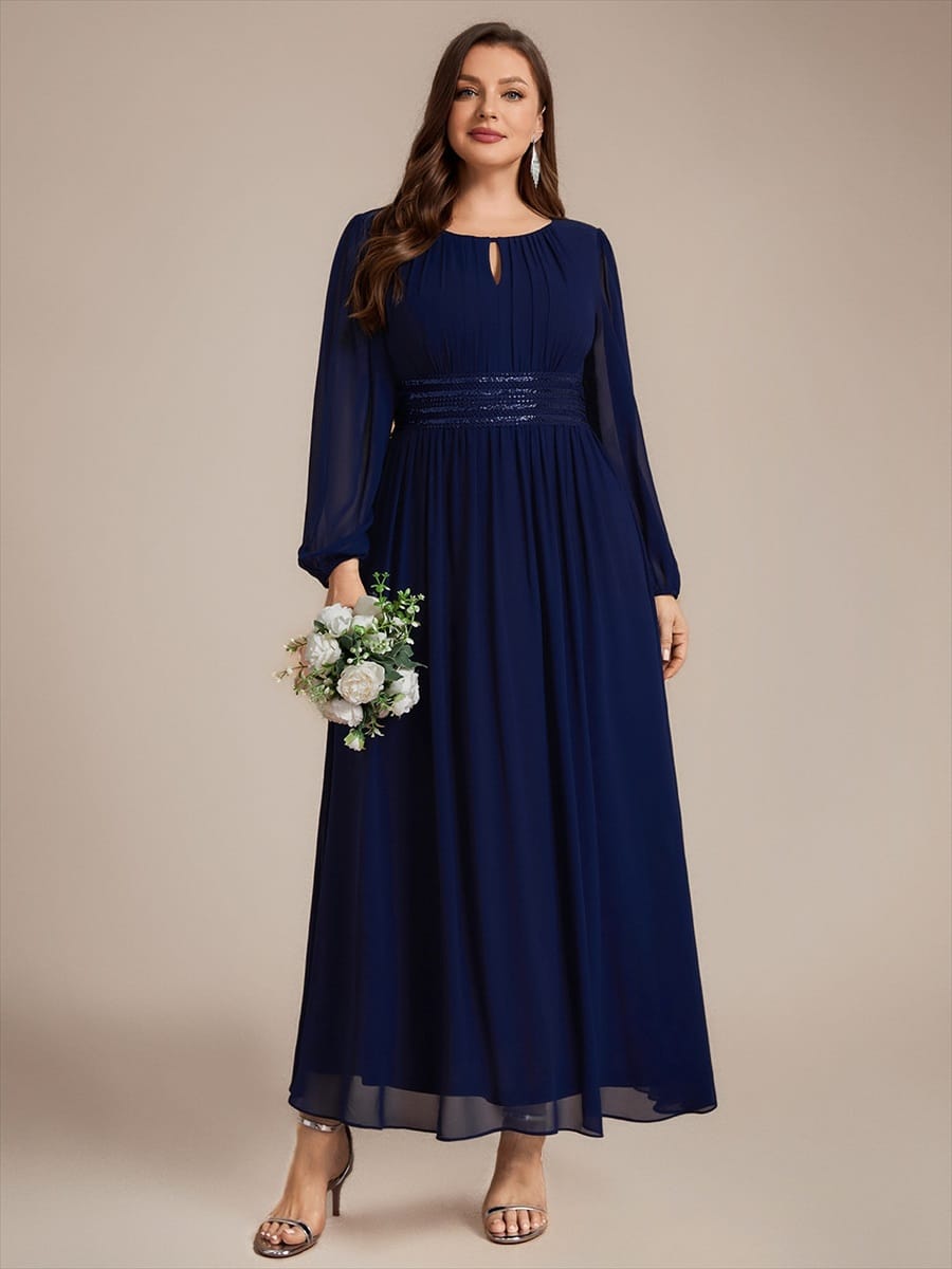Chiffon Maxi Length Round neckline A-line Puff sleeves bridesmaid dress #color_Navy Blue