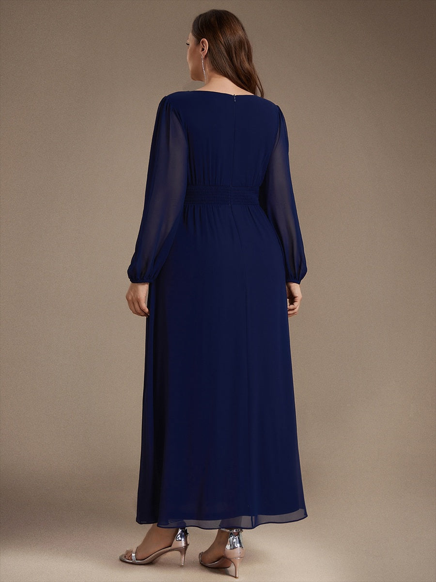 Chiffon Maxi Length Round neckline A-line Puff sleeves bridesmaid dress #color_Navy Blue