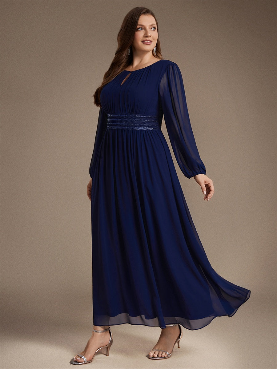 Chiffon Maxi Length Round neckline A-line Puff sleeves bridesmaid dress #color_Navy Blue