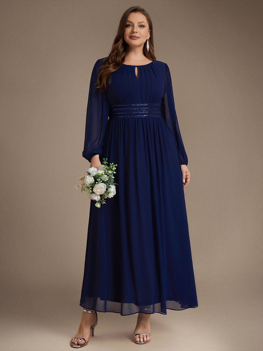 Chiffon Maxi Length Round neckline A-line Puff sleeves bridesmaid dress #color_Navy Blue