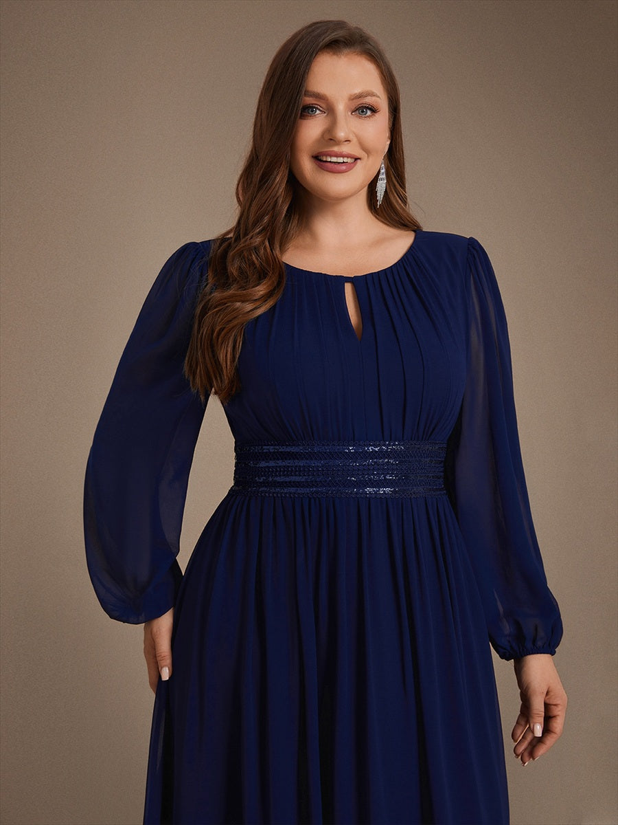 Chiffon Maxi Length Round neckline A-line Puff sleeves bridesmaid dress #color_Navy Blue