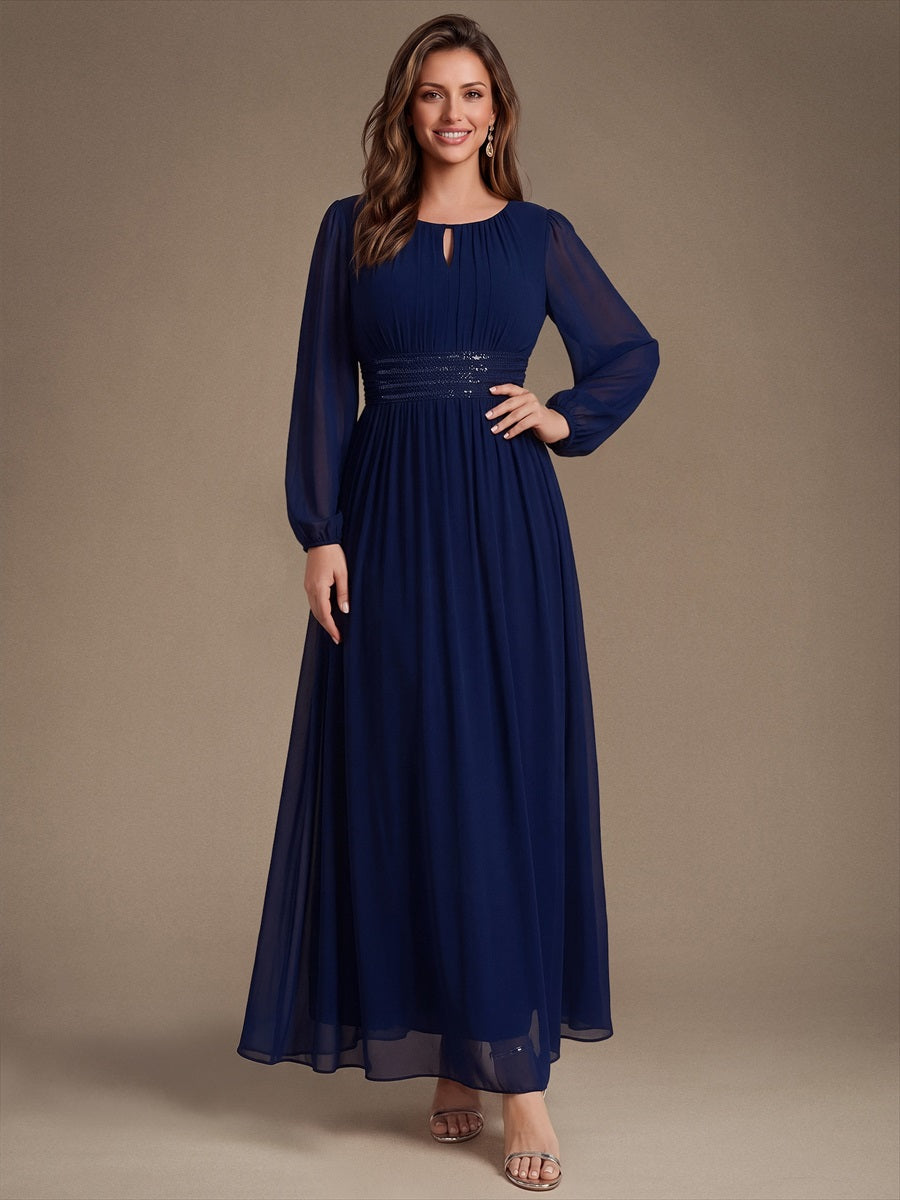 Chiffon Maxi Length Round neckline A-line Puff sleeves bridesmaid dress #color_Navy Blue