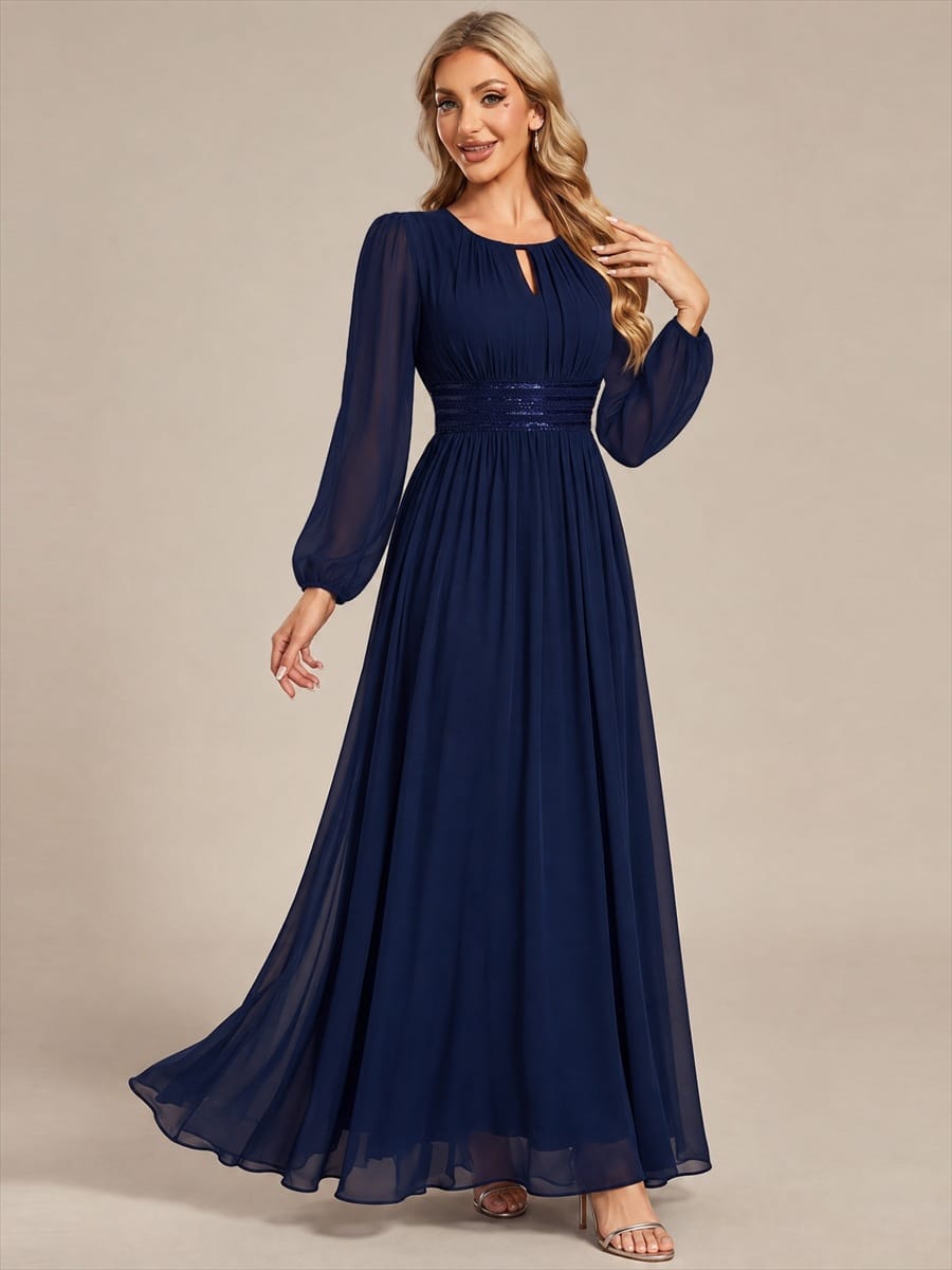 Chiffon Maxi Length Round neckline A-line Puff sleeves bridesmaid dress #color_Navy Blue