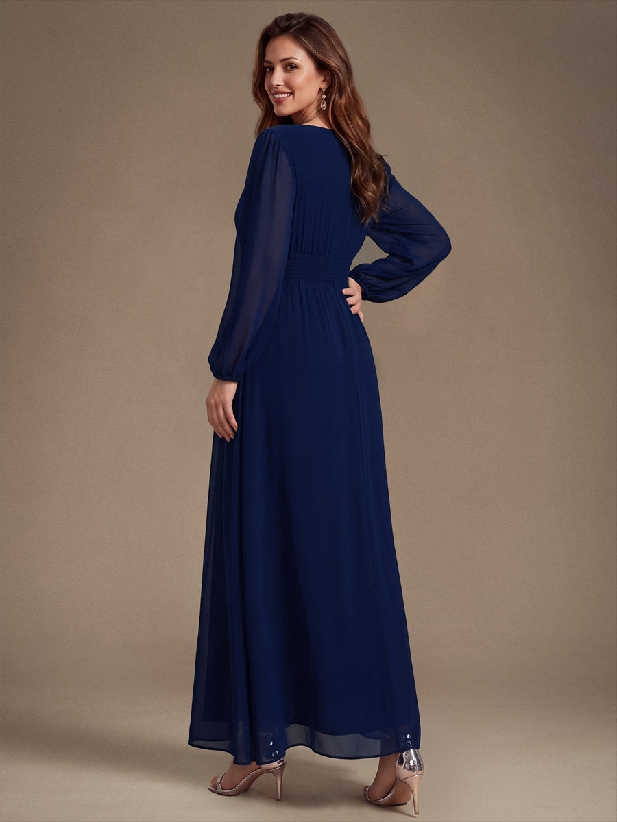 Chiffon Maxi Length Round neckline A-line Puff sleeves bridesmaid dress #color_Navy Blue