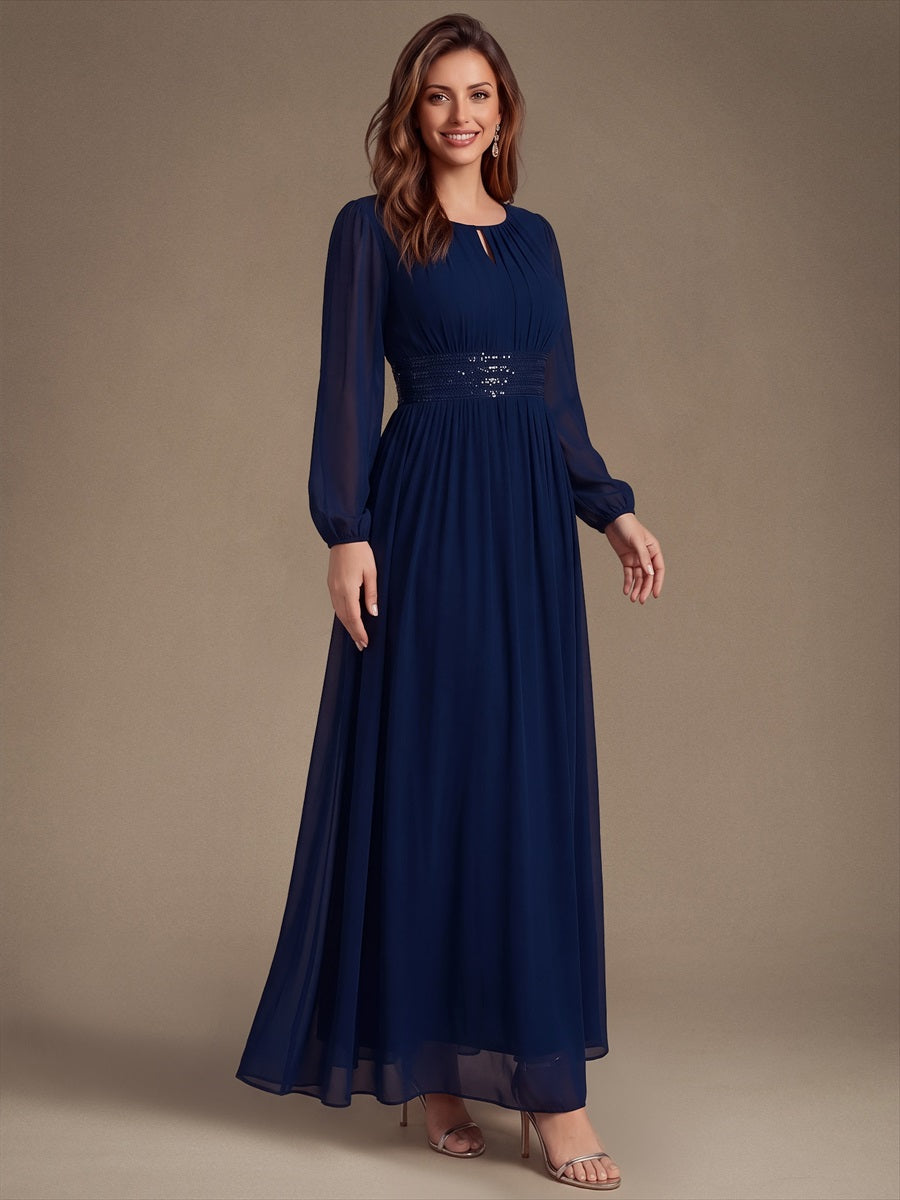Chiffon Maxi Length Round neckline A-line Puff sleeves bridesmaid dress #color_Navy Blue