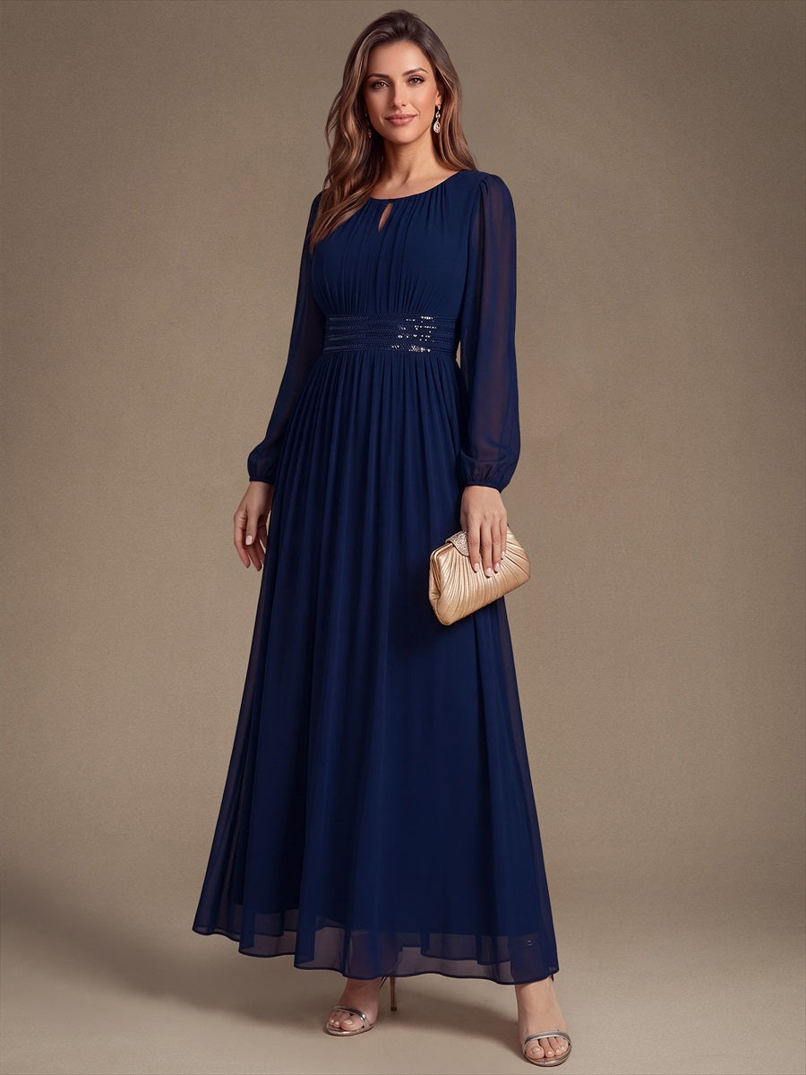 Chiffon Maxi Length Round neckline A-line Puff sleeves bridesmaid dress #color_Navy Blue