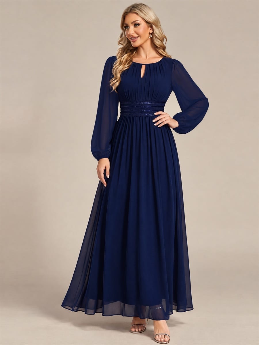 Chiffon Maxi Length Round neckline A-line Puff sleeves bridesmaid dress #color_Navy Blue