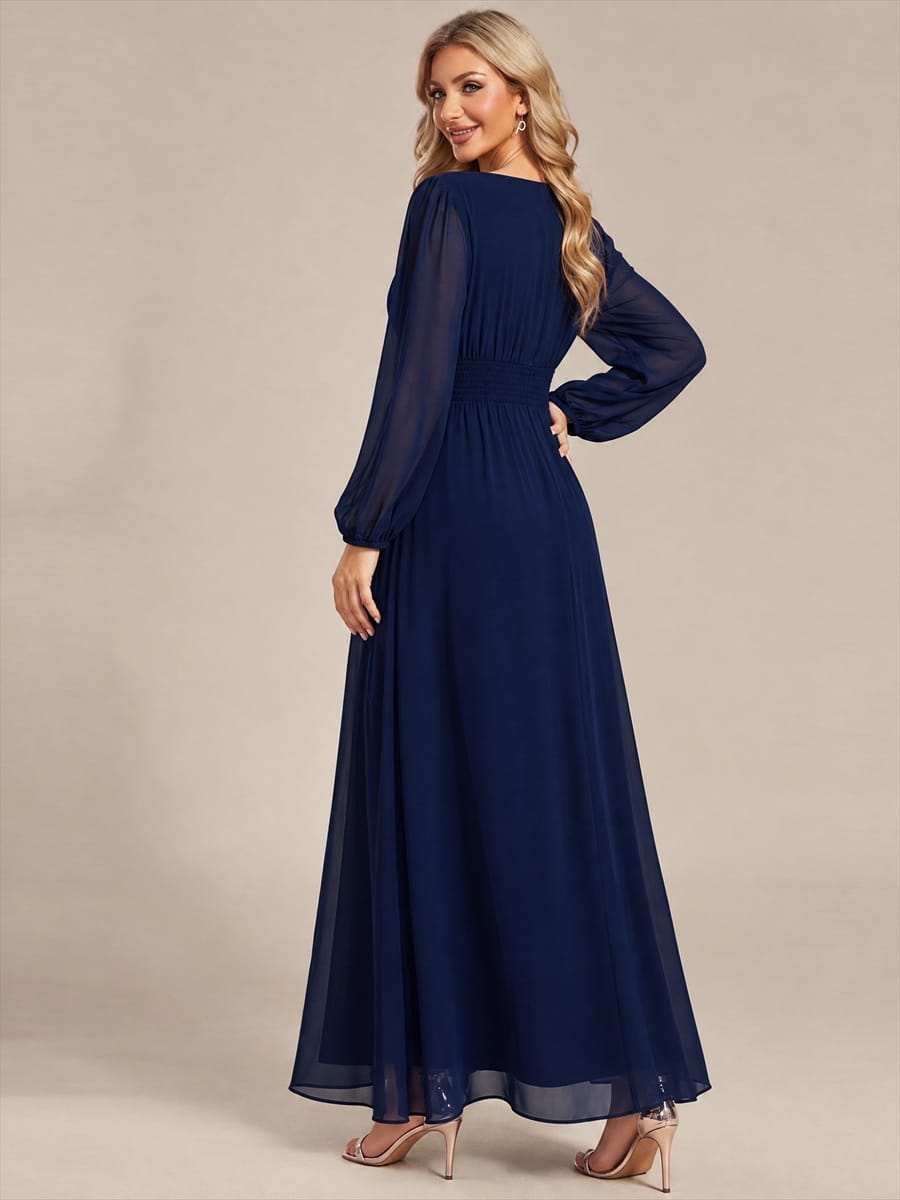 Chiffon Maxi Length Round neckline A-line Puff sleeves bridesmaid dress #color_Navy Blue