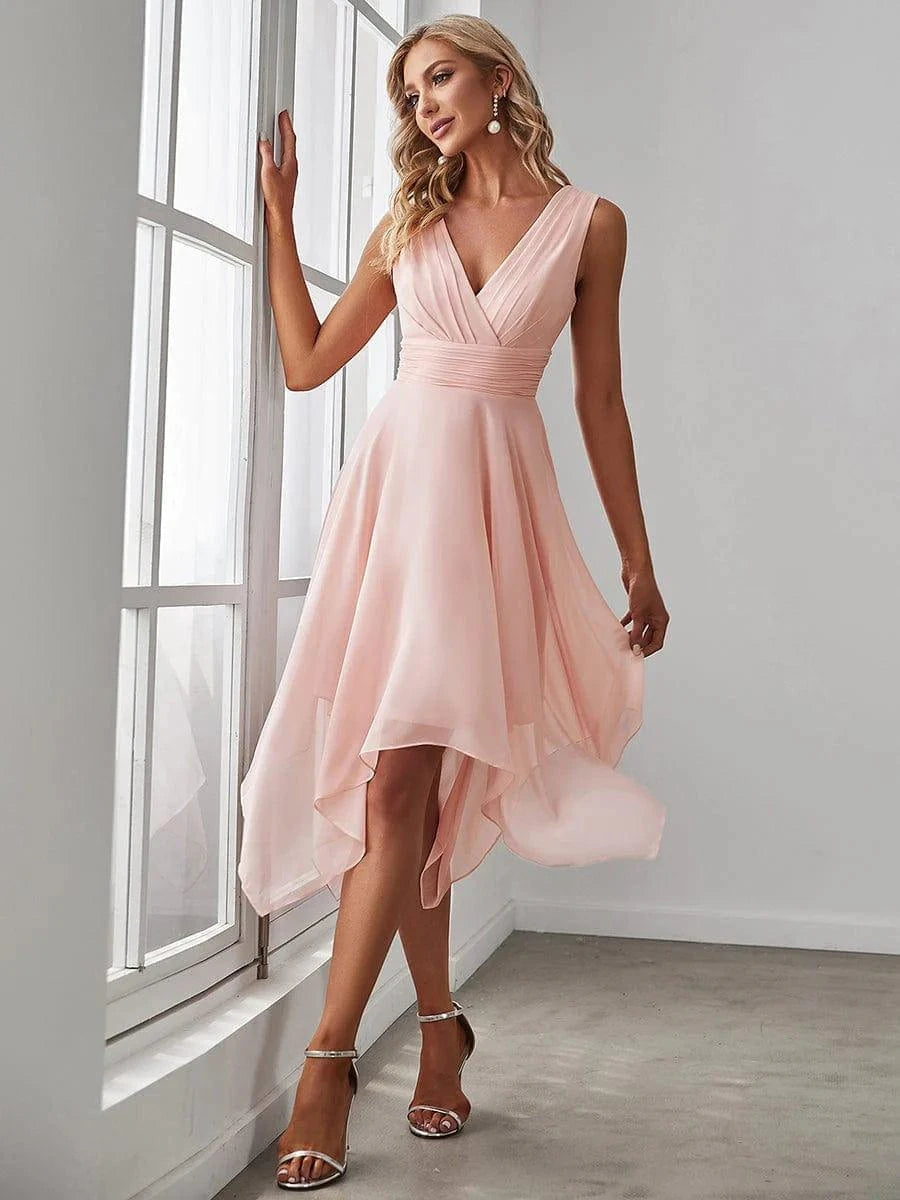 Simple V Neck Irregular Hem Chiffon Midi Bridesmaid Dress