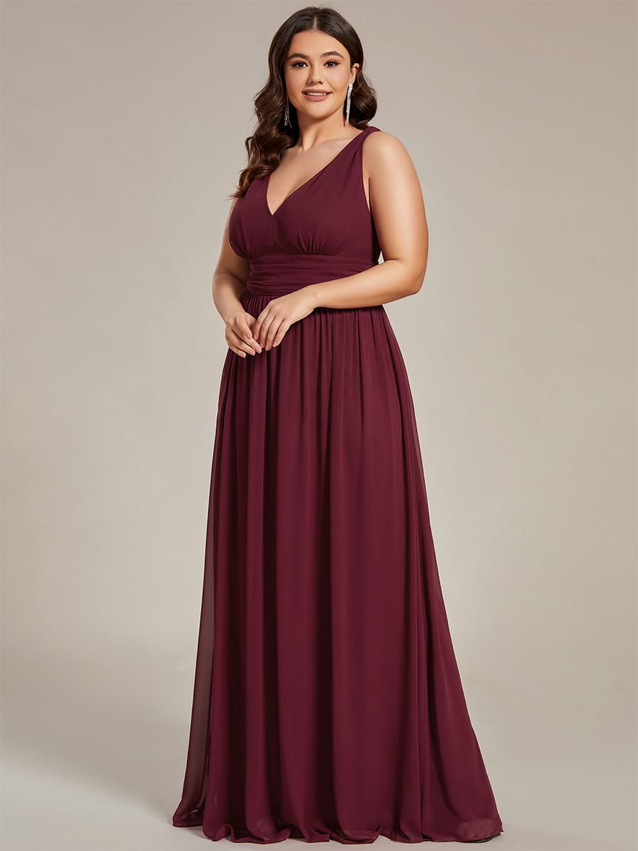 V Neck Sleeveless Pleated Chiffon Maxi Evening Dress #color_Burgundy