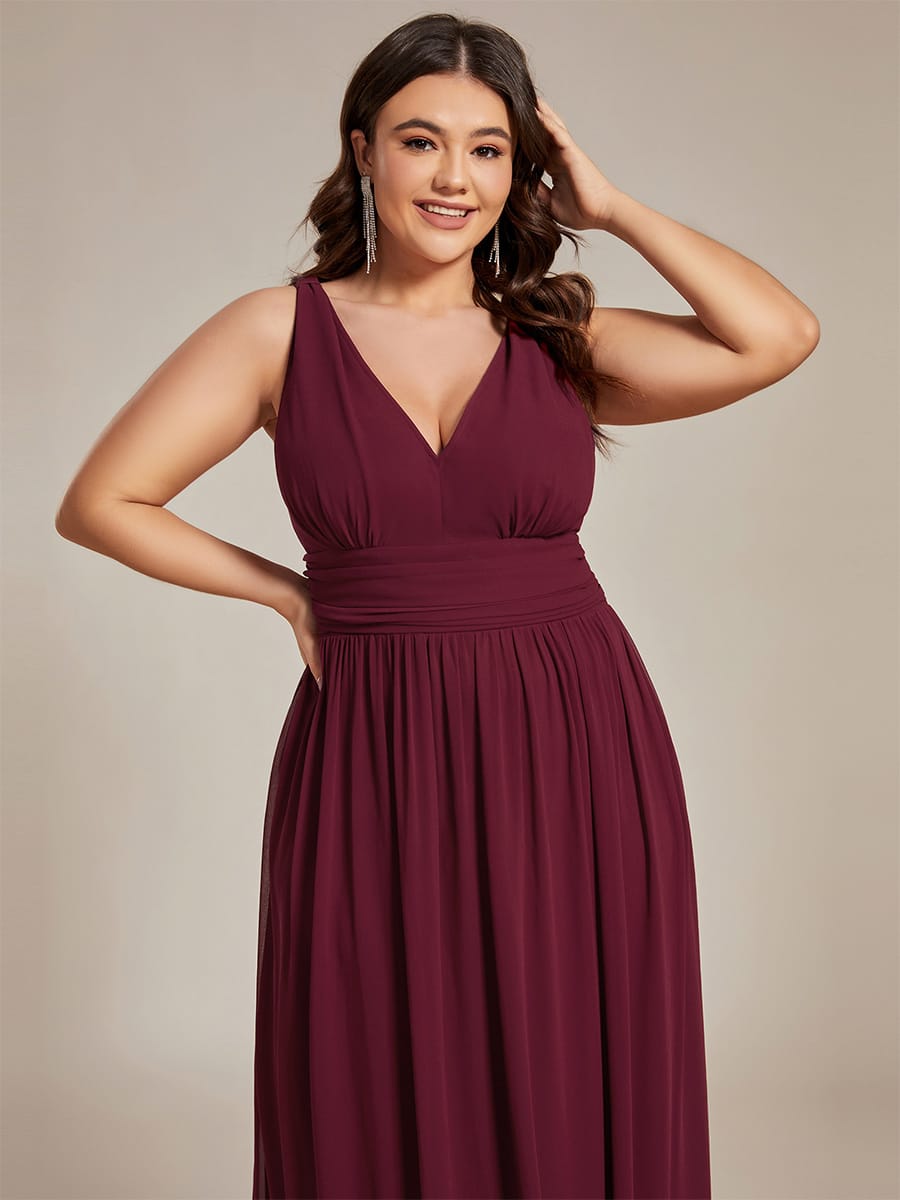 V Neck Sleeveless Pleated Chiffon Maxi Evening Dress #color_Burgundy