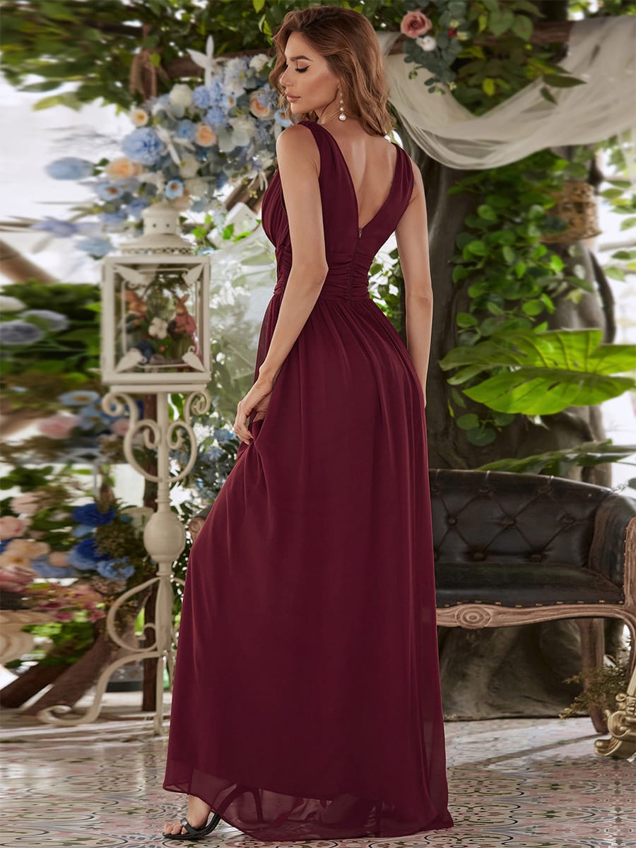 V Neck Sleeveless Pleated Chiffon Maxi Evening Dress #color_Burgundy