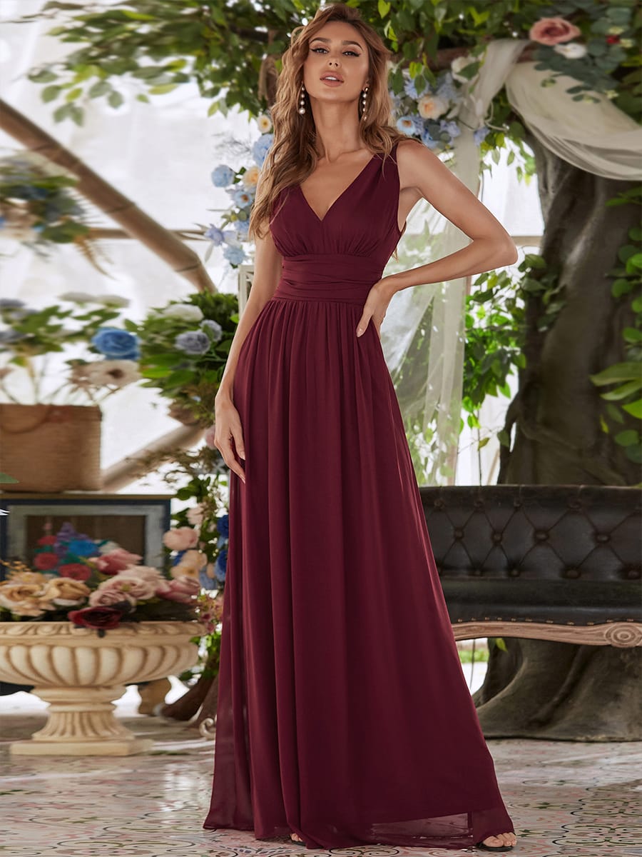 V Neck Sleeveless Pleated Chiffon Evening Dress #color_Burgundy
