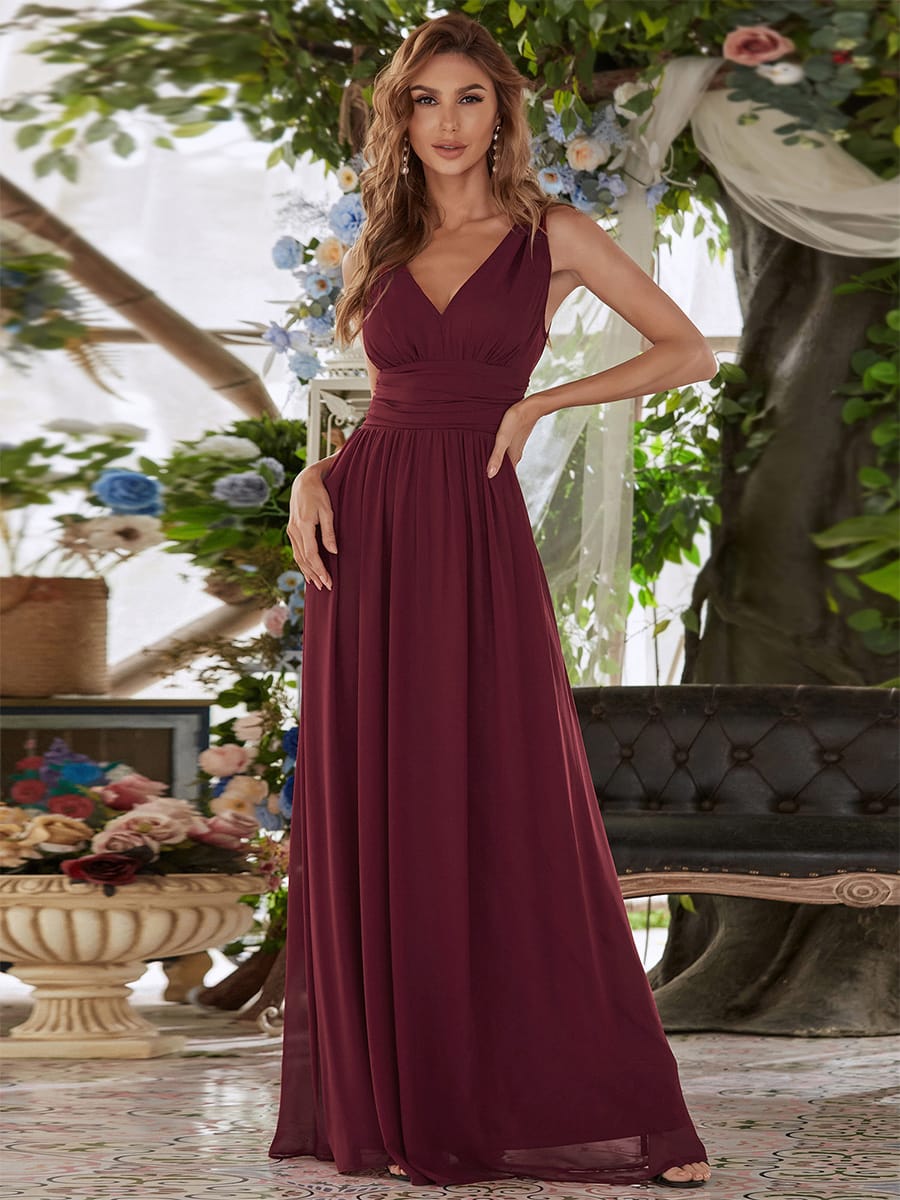 V Neck Sleeveless Pleated Chiffon Maxi Evening Dress #color_Burgundy