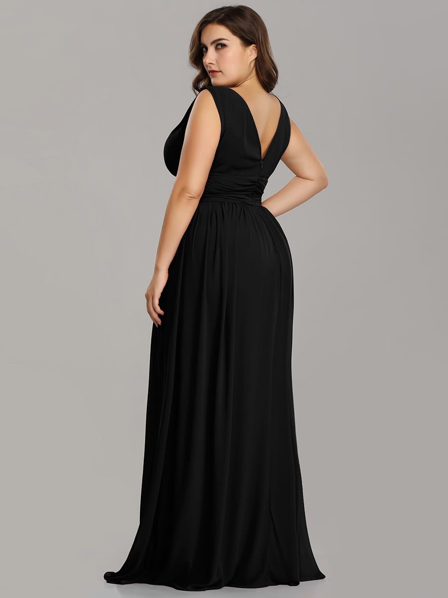 V Neck Sleeveless Pleated Chiffon Maxi Evening Dress #color_Black