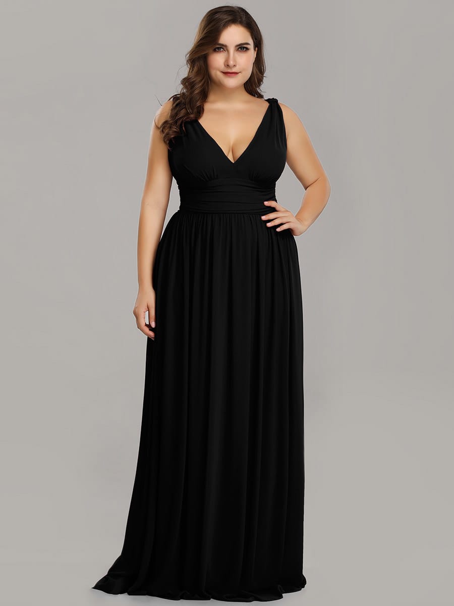 V Neck Sleeveless Pleated Chiffon Maxi Evening Dress #color_Black