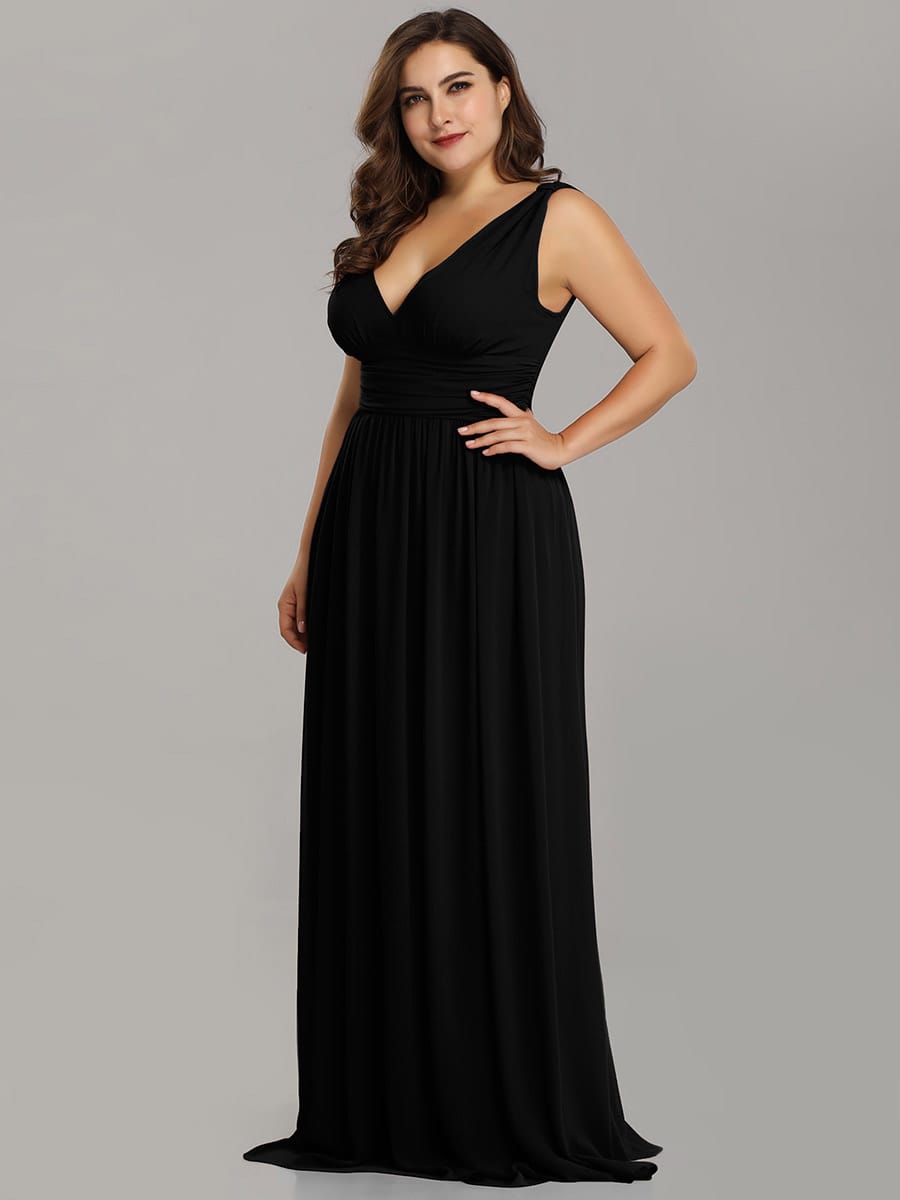 V Neck Sleeveless Pleated Chiffon Maxi Evening Dress #color_Black