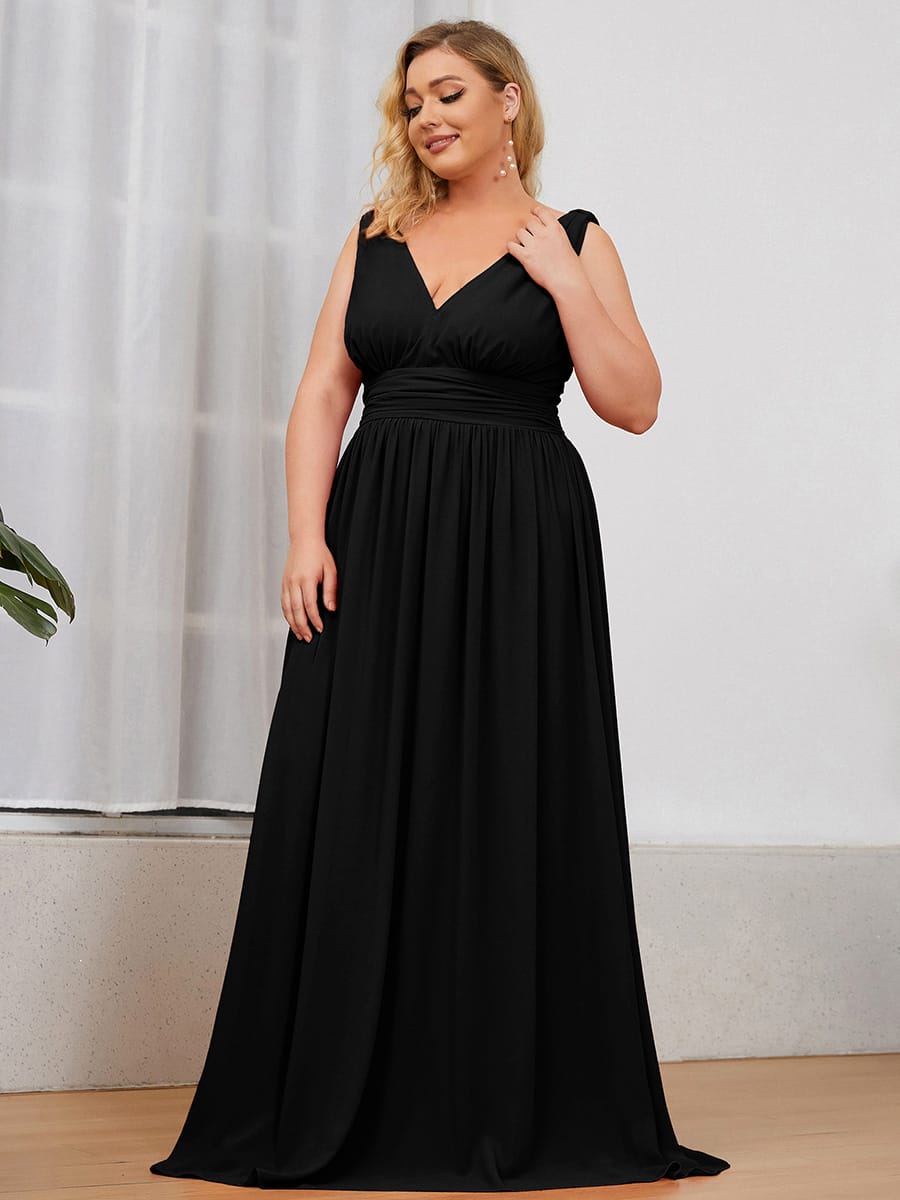 V Neck Sleeveless Pleated Chiffon Evening Dress #color_Black