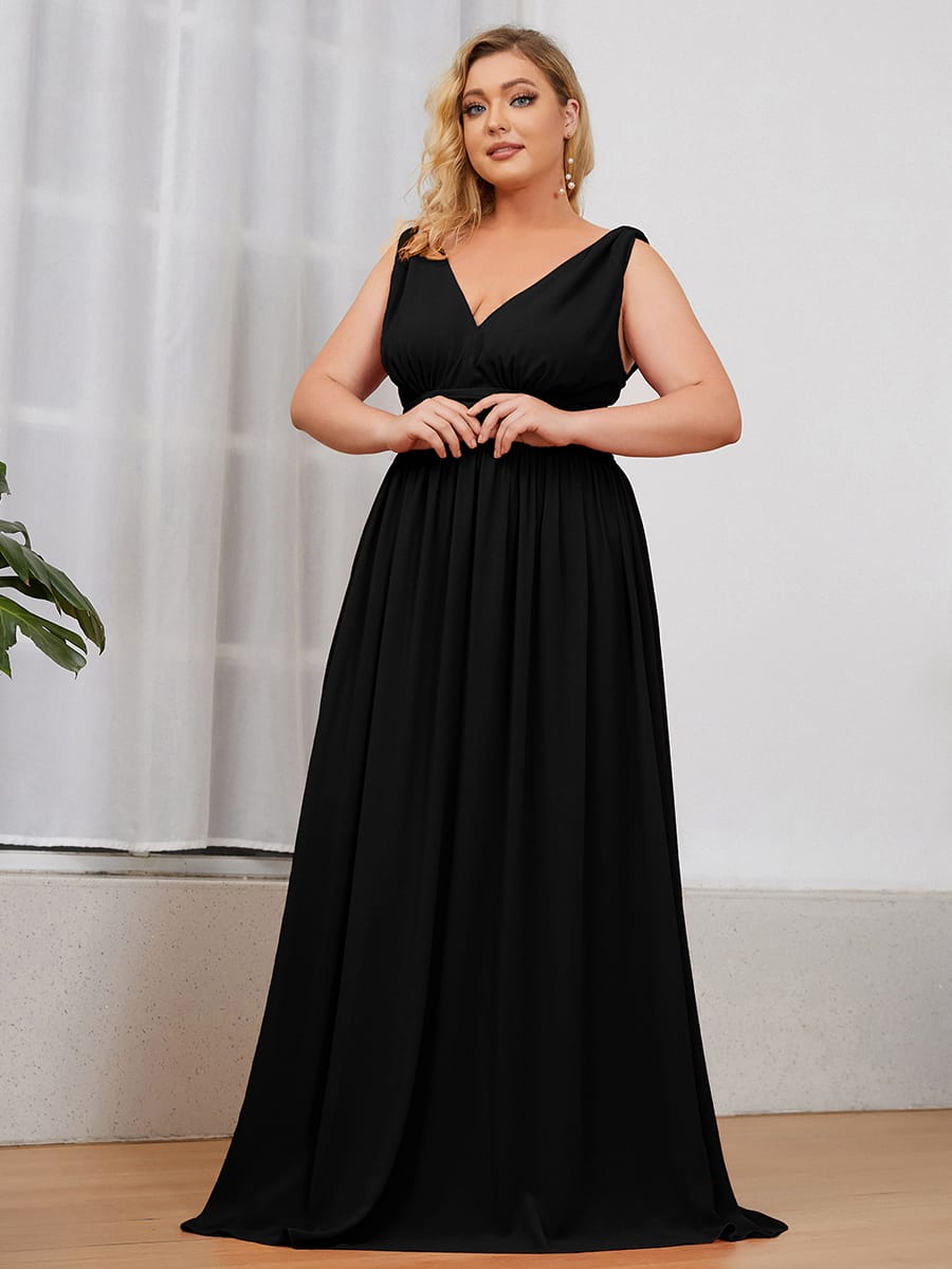 V Neck Sleeveless Pleated Chiffon Evening Dress #color_Black