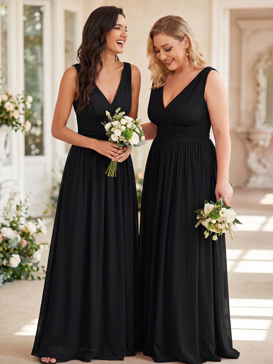 V Neck Sleeveless Pleated Chiffon Evening Dress #color_Black